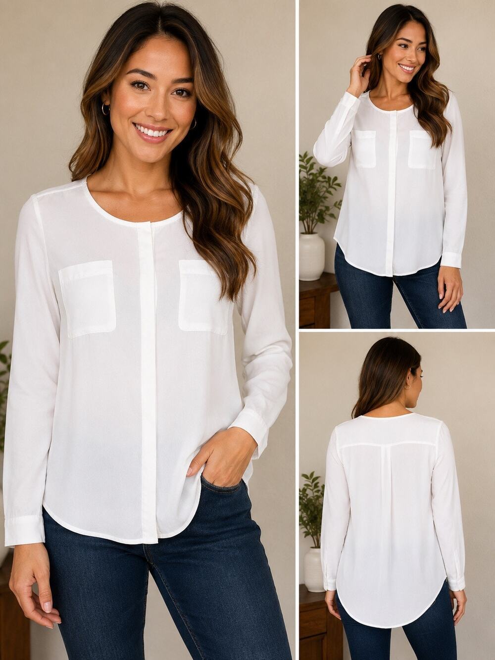 Alison Andrews White Sheer Blouse Medium Hidden Button Long Sleeve Pocket Top M